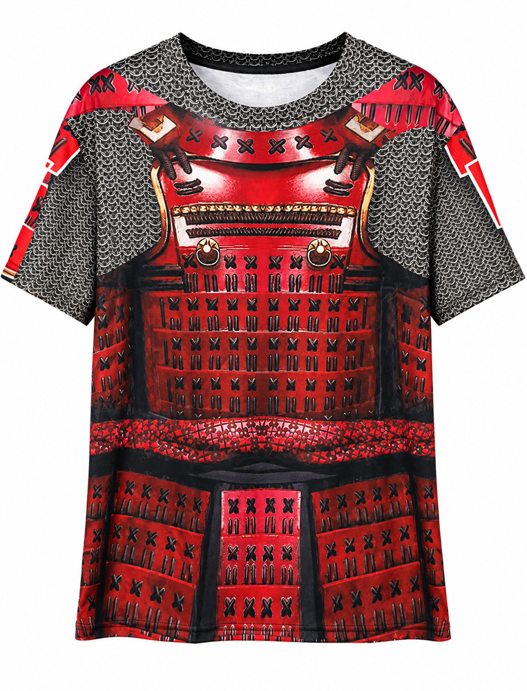 侍 Tシャツ メンズ 半袖 戦国武将 甲冑 3Dプリント 赤 サムライ 真田幸村 井伊直政 コスプレ 赤｜赤