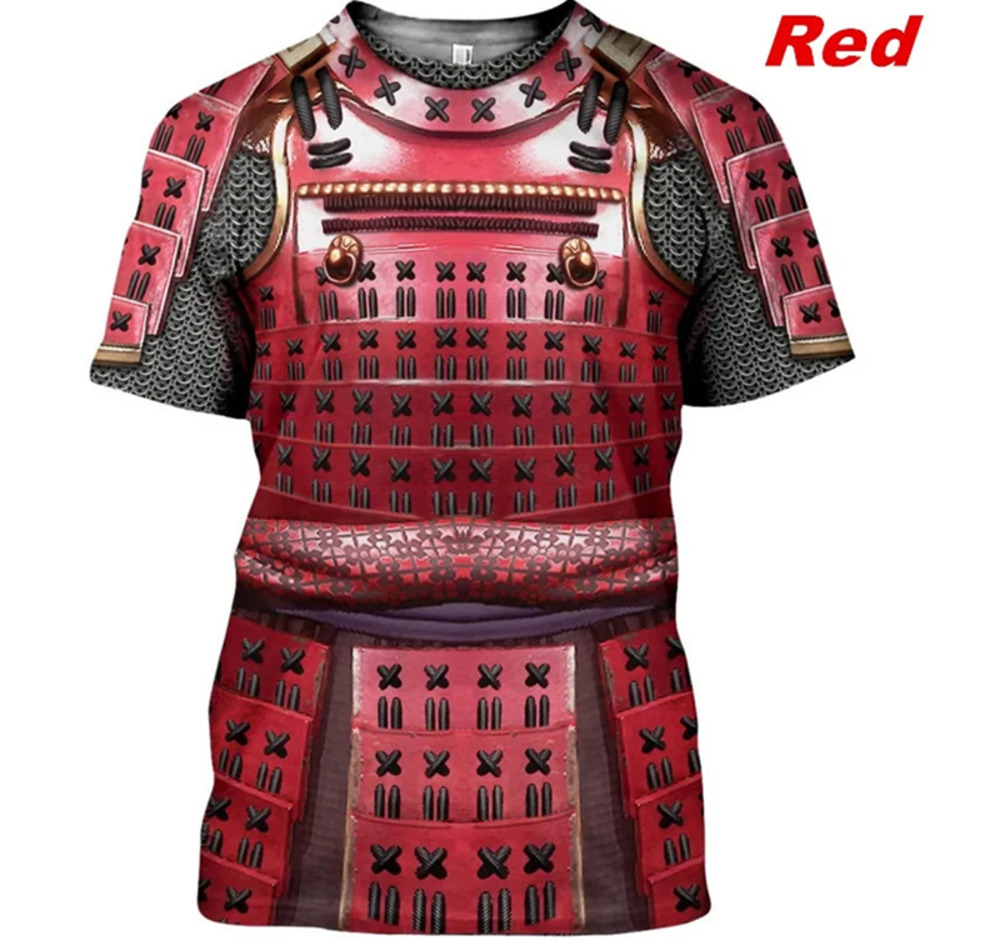 侍 Tシャツ メンズ 半袖 戦国武将 甲冑 3Dプリント 赤 サムライ 真田幸村 井伊直政 コスプレ 赤｜赤