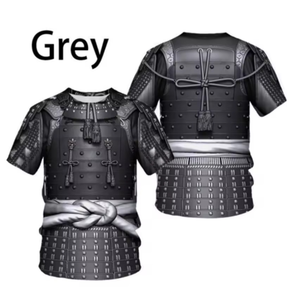 侍 鎧風 Tシャツ メンズ 半袖 戦国武将 甲冑デザイン 3Dプリント サムライ風 コスプレ｜グレー