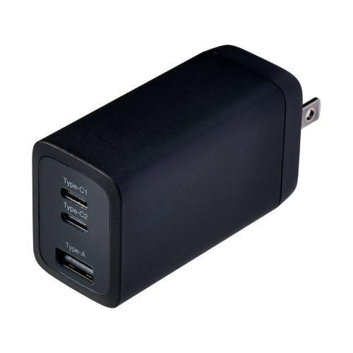 ELPA UCC36BBK USB充電器 USB Aポートx1 Type-Cポートx2 PD対応 最大67W出力 GaNチップ採用 スリム設計 ブラ