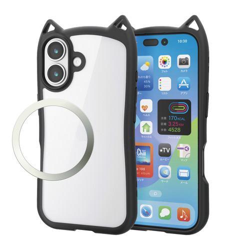 エレコム PM-A25AFCCATBK iPhone 17 ケース ハイブリッド カバー 磁気吸着対応メタルステッカー付 猫耳デザイン ナイトキャッ