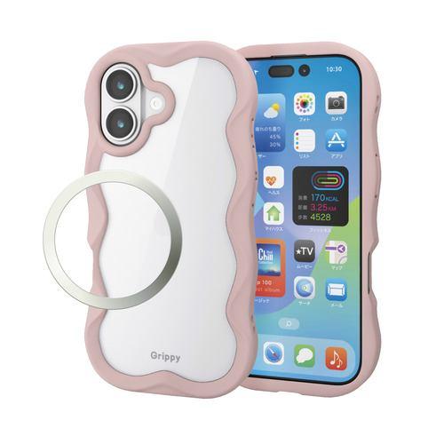 エレコム PM-A25AFCWAVEPN iPhone 17 ケース ハイブリッド カバー 磁気吸着対応メタルステッカー付 Grippy ピンク
