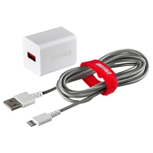 バッファロー BSMPA2404LC2TWH 2.4A USB急速充電器 Lightningケーブル2.0m付属(ホワイト)