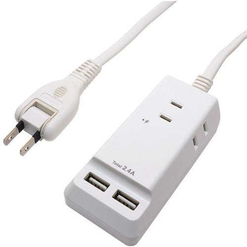 ミヨシ OAT24U3P25WH 耐雷USBコード付きタップ 2.5m 3個口2ポート2.4A スウィングプラグ ホワイト