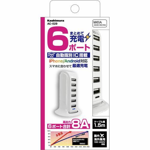 カシムラ AC-029 AC-6USB-8A 自動識別 WH AC-029