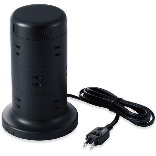 エレコム TT-U02-1220BK タワー型タップ 12個口 雷サージ付 ホコリ防止シャッター付 固定可能 5ポート合計出力4.8A 2.0m ブ
