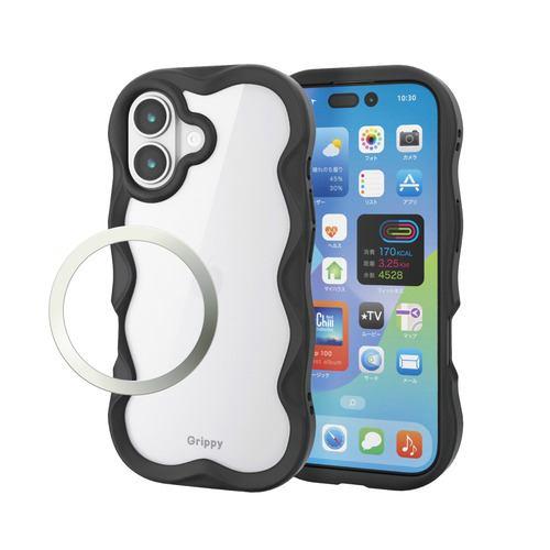 エレコム PM-A25AFCWAVEBK iPhone 17 ケース ハイブリッド カバー 磁気吸着対応メタルステッカー付 Grippy ブラック