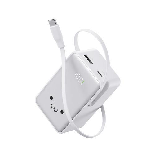エレコム DE-C80L-10000WF 巻取り式USB-Cケーブル一体型 モバイルバッテリー 10000mAh USB-C/USB-Aポート スマ