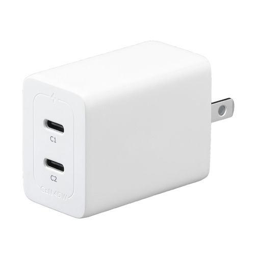 ヤザワコーポレ-ション PDC45WH AC急速充電器 2台同時充電 USB Type-Cポート×2 45W PD対応 GaN採用 90度収納プラグ