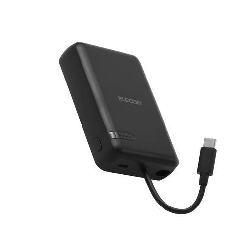 エレコム DE-C63-10000BK モバイルバッテリー 大容量 10000mAh 小型 USB-Cケーブル一体型 スマホ等充電可ブラック