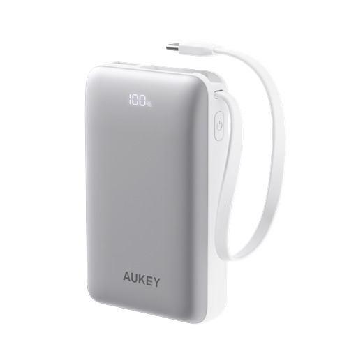 AUKEY PB-Y68-WT リン酸鉄モバイルバッテリー 10000mAh PD20W対応 USB-Cケーブル内蔵 USB-Cポートx1 Aポート
