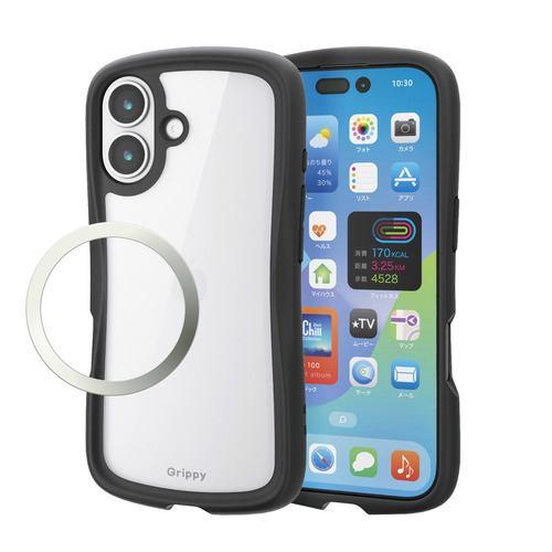 エレコム PM-A25AGRPFCBK iPhone 17 ケース ハイブリッド カバー 磁気吸着対応メタルステッカー付 Grippy ブラック