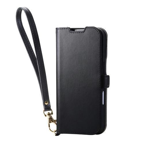 エレコム PM-A25APLFY4BK iPhone 17 ケース レザー カバー 手帳型 マグネット フラップ ハンドストラップ付 ブラック