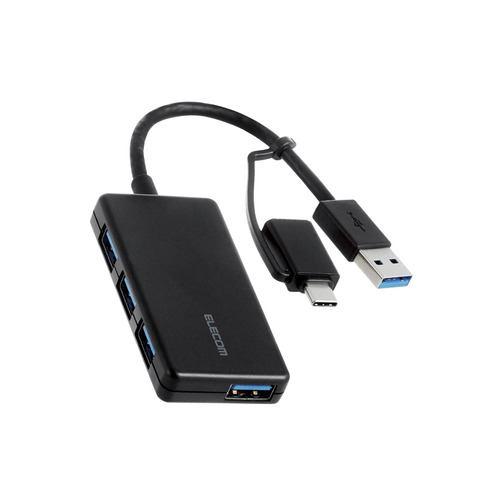 【推奨品】エレコム U3H-CA4004BBK USB Type-C変換アダプター付き USB 5Gbps超薄型ハブ バスパワー Windows M