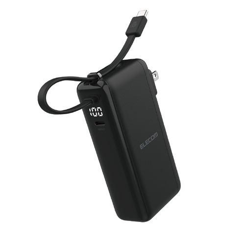 エレコム DE-AC15-10000BK モバイルバッテリー コンセント一体型 10000mAh USB-Cケーブル内蔵 LED残量1%表示 ブラッ