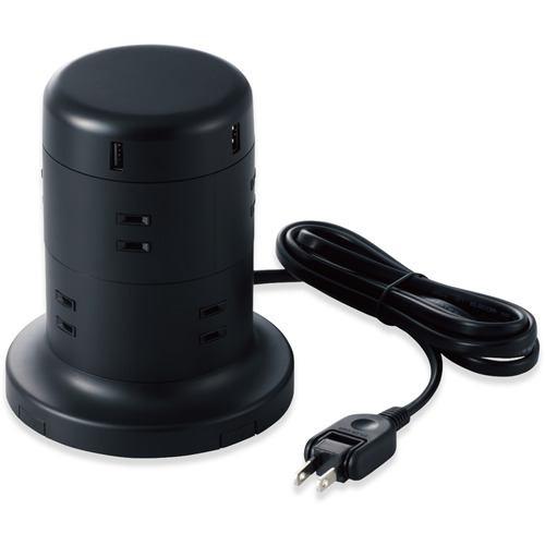 エレコム TT-U01-0820BK タワー型タップ 8個口 雷サージ付 ホコリ防止シャッター付 固定可能 5ポート合計出力4.8A 2.0m ブラ