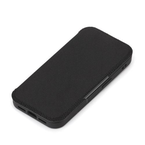 PGA PG-25KGF03BK iPhone 16e用 ガラスフリップケース ナイロンメッシュ調 ブラック
