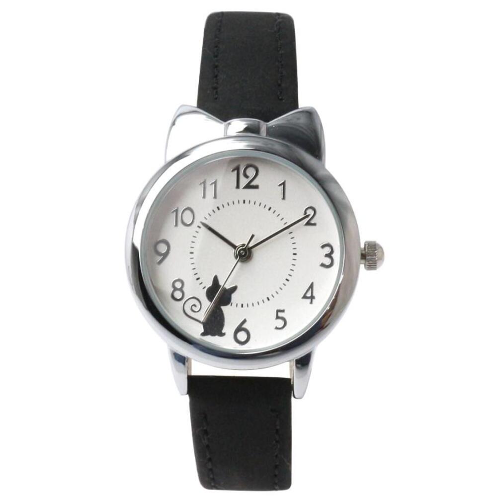 レディース 腕時計 子供 アナログ 猫 猫耳 ファッション クウォーツ ブラックシルバーセット - 画像1