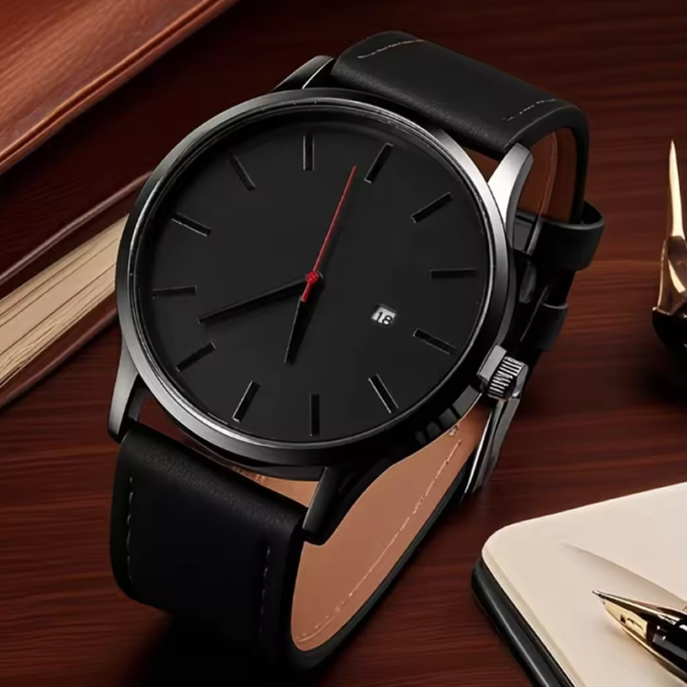 メンズ 腕時計 ミリタリー スポーツ カジュアル フェイクレザー 男性 シンプル おしゃれ ギフト 黒×黒 - 画像1