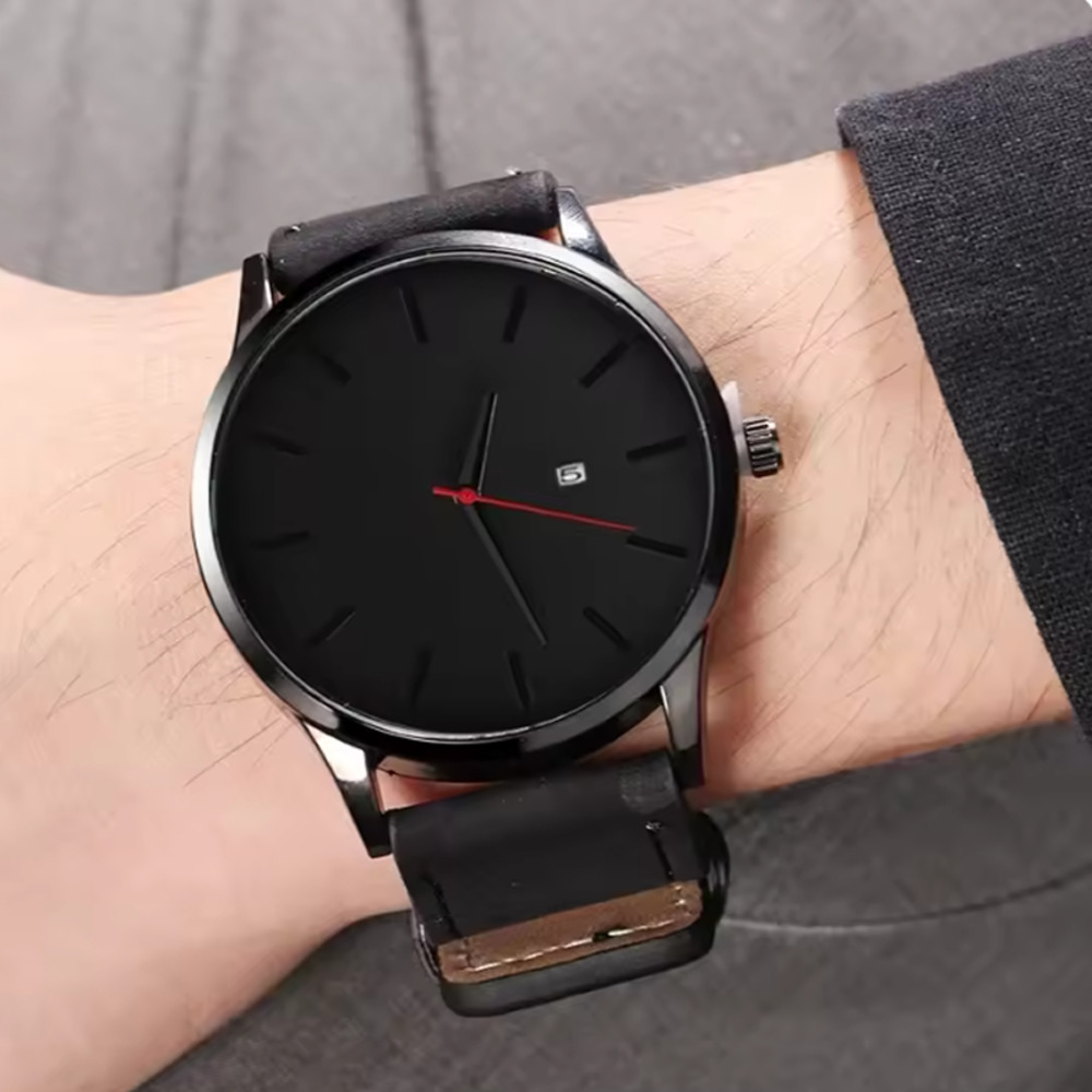 メンズ 腕時計 ミリタリー スポーツ カジュアル フェイクレザー 男性 シンプル おしゃれ ギフト 黒×黒 - 画像3
