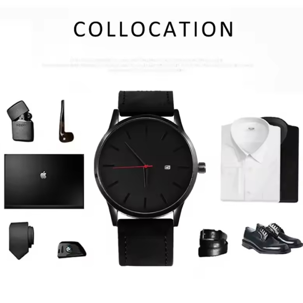 メンズ 腕時計 ミリタリー スポーツ カジュアル フェイクレザー 男性 シンプル おしゃれ ギフト 黒×白 - 画像4