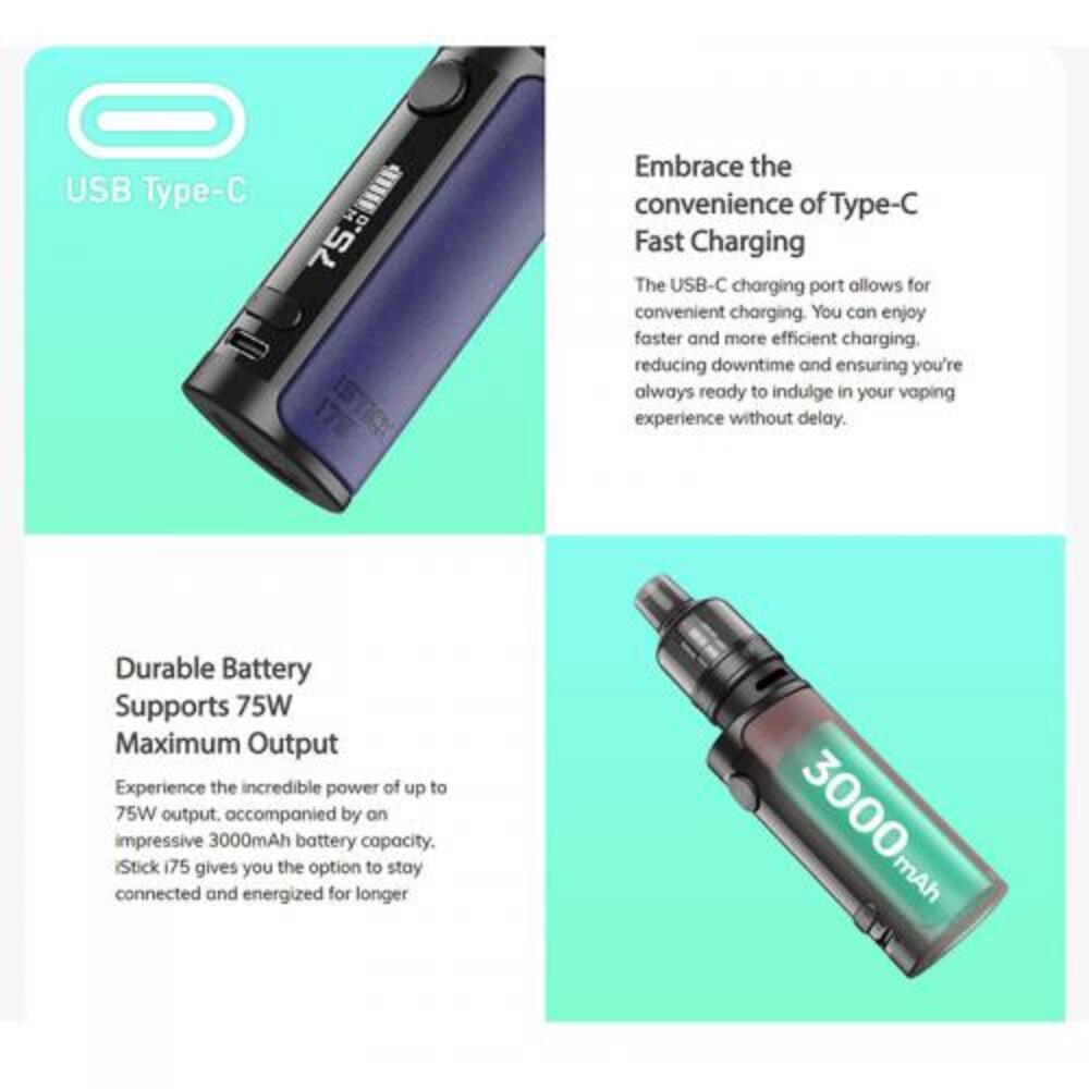 75W イーリーフ i75 3000mAh アイスティック Eleaf ボックスモ  ブラック - 画像3